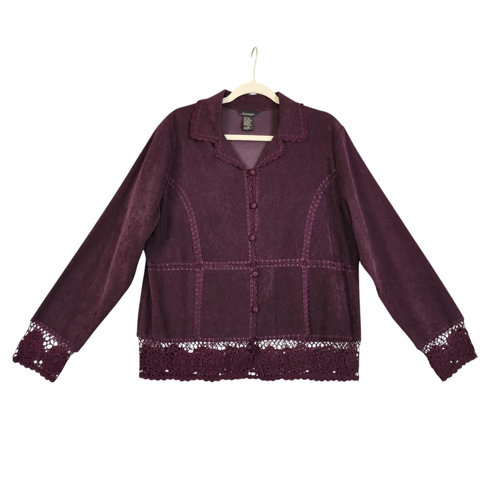 T & Company Womens Vintage Faux Suede Crochet Lace Trim Jacket Size XL Aubergine